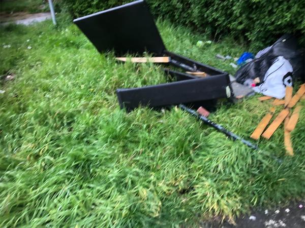 Junction of Roundtable Road. Please clear flytip from grass area (1)-9 Dagonet Road, Bromley, BR1 5LR
