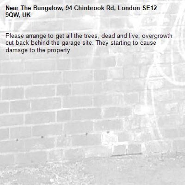 Please arrange to get all the trees, dead and live, overgrowth cut back behind the garage site. They starting to cause damage to the property-The Bungalow, 94 Chinbrook Rd, London SE12 9QW, UK