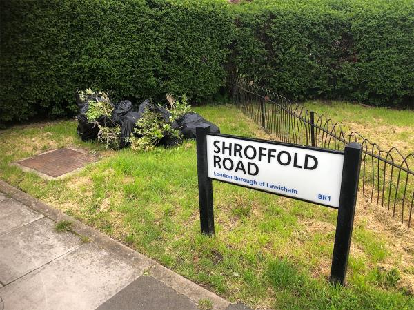Junction of Shroffold Road. Please clear garden waste from grass area-110 Churchdown, Bromley, BR1 5PQ