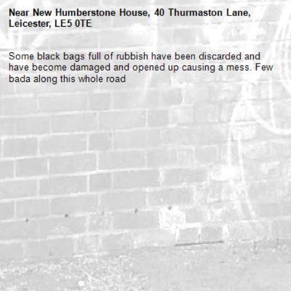 Some black bags full of rubbish have been discarded and have become damaged and opened up causing a mess. Few bada along this whole road-New Humberstone House, 40 Thurmaston Lane, Leicester, LE5 0TE