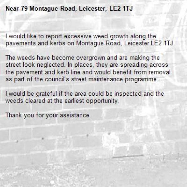 I would like to report excessive weed growth along the pavements and kerbs on Montague Road, Leicester LE2 1TJ.

The weeds have become overgrown and are making the street look neglected. In places, they are spreading across the pavement and kerb line and would benefit from removal as part of the council's street maintenance programme.

I would be grateful if the area could be inspected and the weeds cleared at the earliest opportunity.

Thank you for your assistance.

-79 Montague Road, Leicester, LE2 1TJ