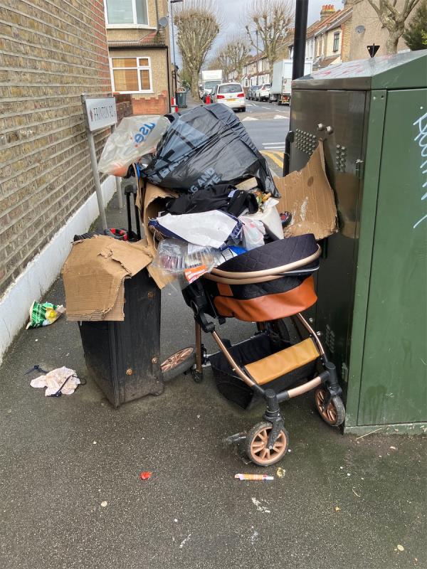 Rubbish dumped at the corner of Frinton Rd and Hatherley gardens  -88 Frinton Road, East Ham, London, E6 3HF