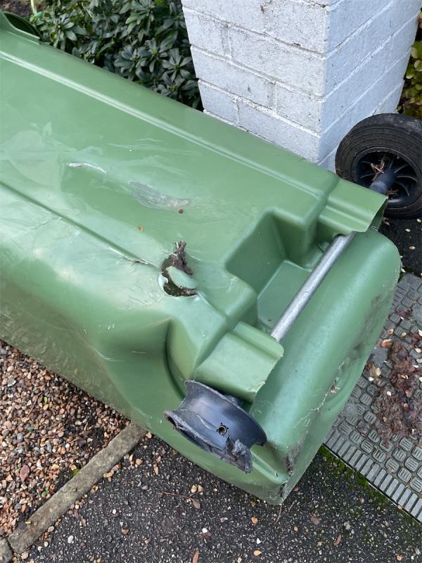 This is third request. I have the bin at the bottom of  my driveway to prevent a health and safety issue on the pavement. This damaged recycling bin is the result of a road traffic incident and belongs to Lewisham Council.  Thankyou for your help. -Flat A, 9 Cambridge Drive, London, SE12 8AG
