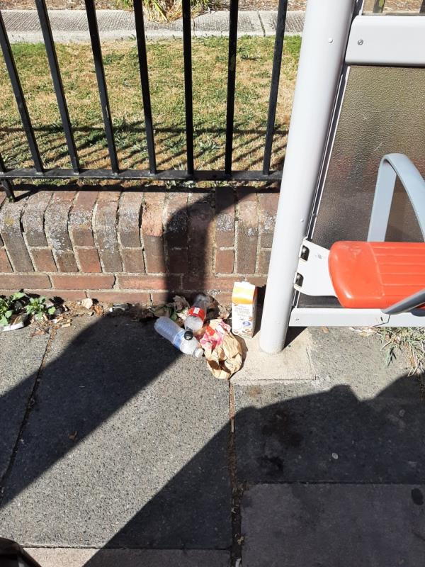 This is the 2nd time this week that I have reported rubbish at the bus stop. Where are the street cleaners?-21c Rogers Road, Canning Town, E16 1LW