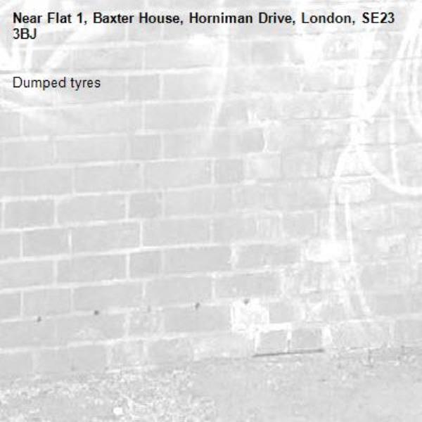 Dumped tyres-Flat 1, Baxter House, Horniman Drive, London, SE23 3BJ
