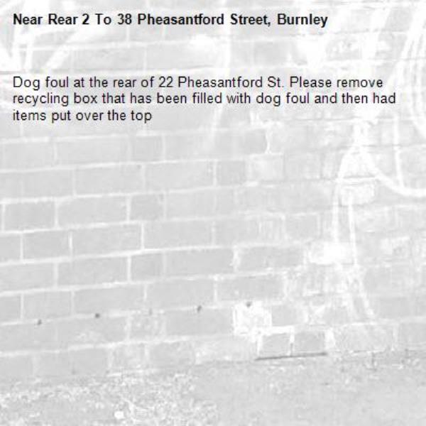 Dog foul at the rear of 22 Pheasantford St. Please remove recycling box that has been filled with dog foul and then had items put over the top-Rear 2 To 38 Pheasantford Street, Burnley