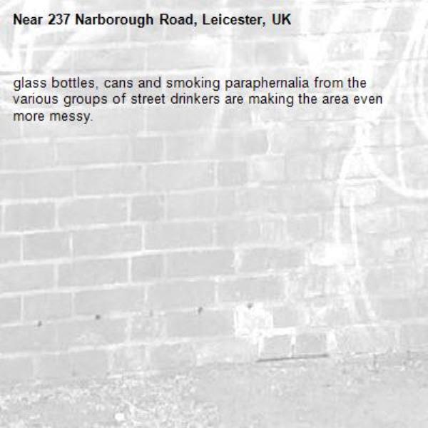 glass bottles, cans and smoking paraphernalia from the various groups of street drinkers are making the area even more messy.-237 Narborough Road, Leicester, UK
