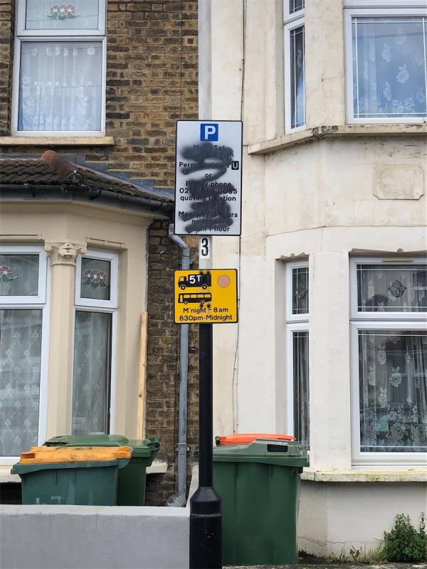 Parking signs outside 31 and 49 sprayed over -46 Prestbury Road, Forest Gate, London, E7 8NG