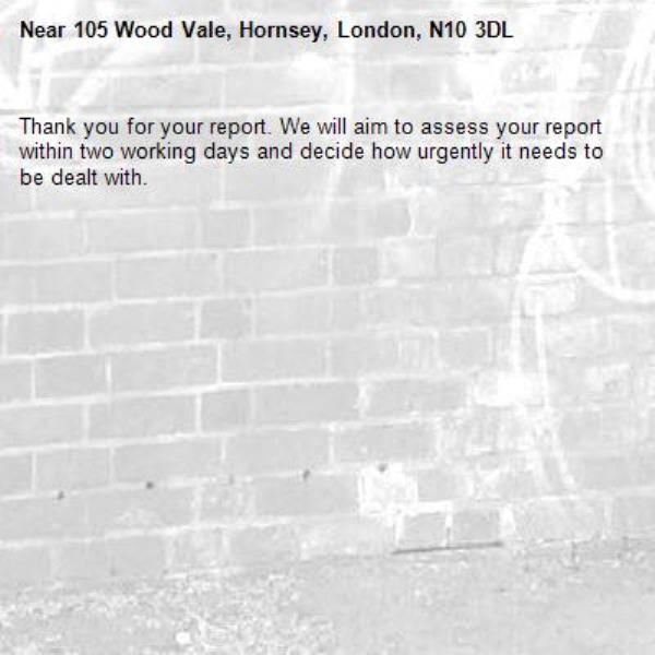 Thank you for your report. We will aim to assess your report within two working days and decide how urgently it needs to be dealt with.-105 Wood Vale, Hornsey, London, N10 3DL