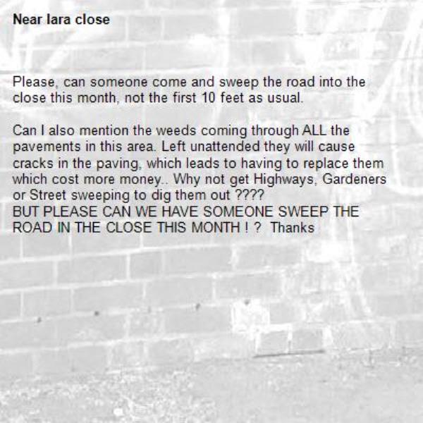 Please, can someone come and sweep the road into the close this month, not the first 10 feet as usual. 

Can I also mention the weeds coming through ALL the pavements in this area. Left unattended they will cause cracks in the paving, which leads to having to replace them which cost more money.. Why not get Highways, Gardeners or Street sweeping to dig them out ???? 
BUT PLEASE CAN WE HAVE SOMEONE SWEEP THE ROAD IN THE CLOSE THIS MONTH ! ?  Thanks -lara close
