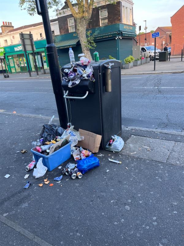 Numerous bins in the area have been overflowing for a number of days now, this is unacceptable. The area as a whole seems thoroughly neglected and dirty. I wish the borough would take general litter more seriously, just like it does fly-tipping.-531A, Barking Road, Plaistow, London, E13 9EZ