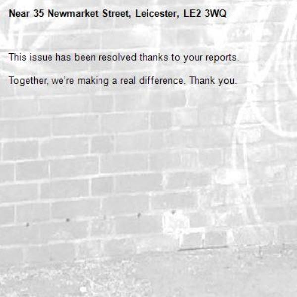 This issue has been resolved thanks to your reports.

Together, we’re making a real difference. Thank you.
-35 Newmarket Street, Leicester, LE2 3WQ