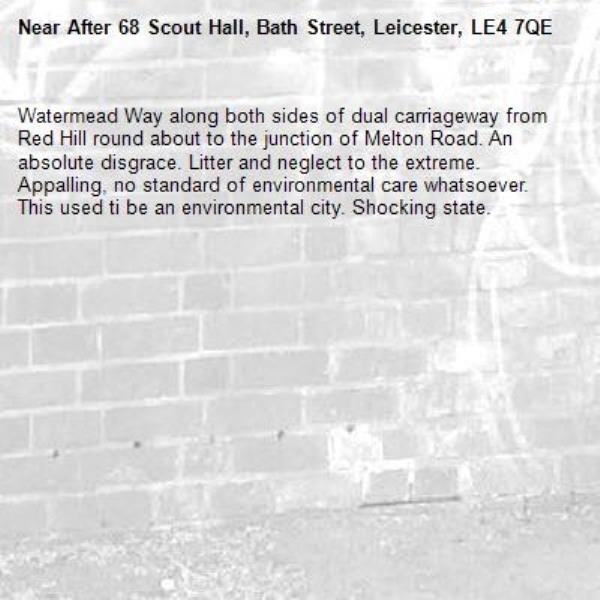 Watermead Way along both sides of dual carriageway from Red Hill round about to the junction of Melton Road. An absolute disgrace. Litter and neglect to the extreme. Appalling, no standard of environmental care whatsoever. This used ti be an environmental city. Shocking state.-After 68 Scout Hall, Bath Street, Leicester, LE4 7QE