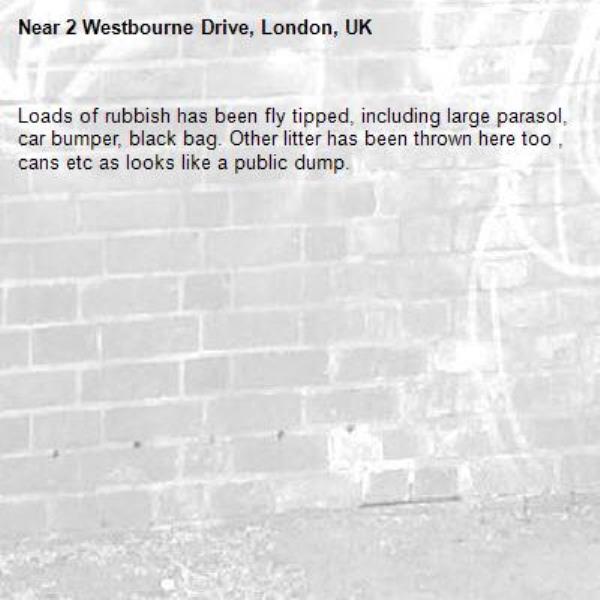 Loads of rubbish has been fly tipped, including large parasol, car bumper, black bag. Other litter has been thrown here too , cans etc as looks like a public dump.-2 Westbourne Drive, London, UK