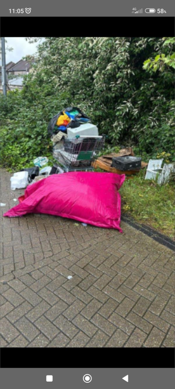 As you can see loads of stuff dumped. This place is a hotspot for flytippers. We need something done permanently so that they don't fly tip here. It's so disgusting walking here.-1187 Newham Way, East Ham, London, E6 5JJ