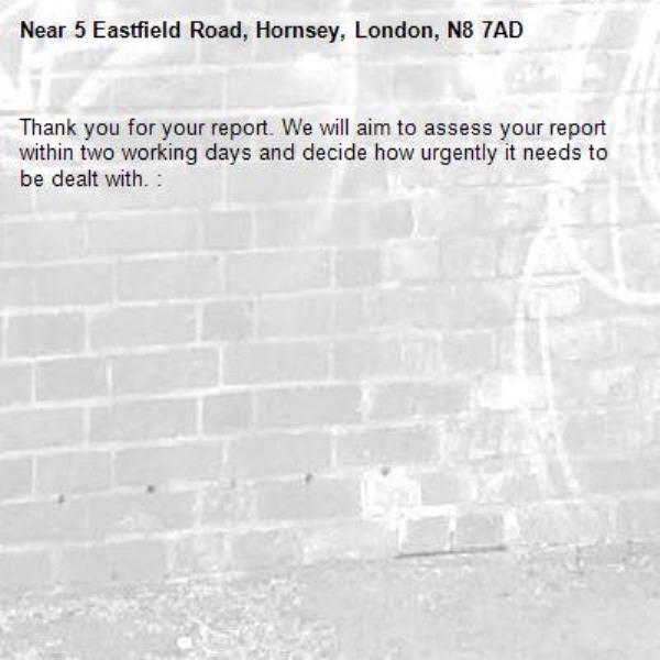 Thank you for your report. We will aim to assess your report within two working days and decide how urgently it needs to be dealt with. : -5 Eastfield Road, Hornsey, London, N8 7AD