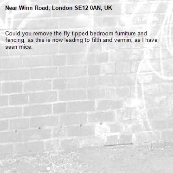 Could you remove the fly tipped bedroom furniture and fencing, as this is now leading to filth and vermin, as I have seen mice.-Winn Road, London SE12 0AN, UK