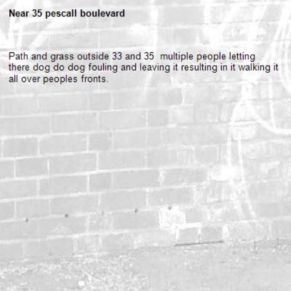 Path and grass outside 33 and 35  multiple people letting there dog do dog fouling and leaving it resulting in it walking it all over peoples fronts. -35 pescall boulevard 