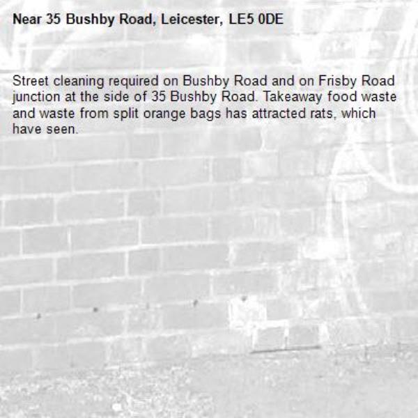 Street cleaning required on Bushby Road and on Frisby Road junction at the side of 35 Bushby Road. Takeaway food waste and waste from split orange bags has attracted rats, which have seen. -35 Bushby Road, Leicester, LE5 0DE