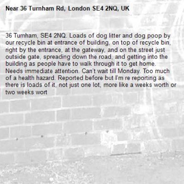 36 Turnham, SE4 2NQ. Loads of dog litter and dog poop by our recycle bin at entrance of building, on top of recycle bin, right by the entrance, at the gateway, and on the street just outside gate, spreading down the road, and getting into the building as people have to walk through it to get home. Needs immediate attention. Can’t wait till Monday. Too much of a health hazard. Reported before but I’m re reporting as there is loads of it, not just one lot, more like a weeks worth or two weeks wort-36 Turnham Rd, London SE4 2NQ, UK