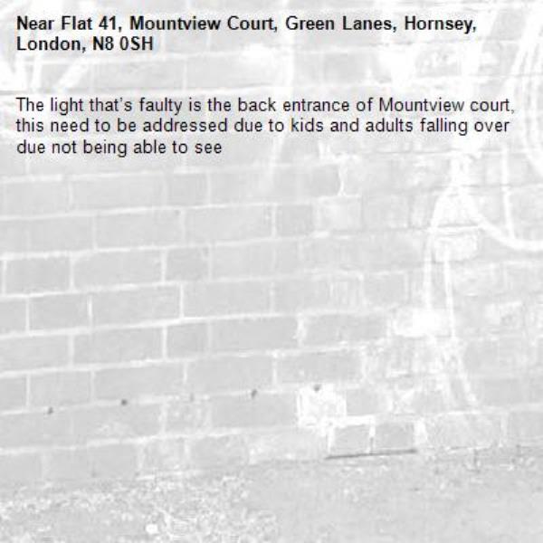 The light that’s faulty is the back entrance of Mountview court, this need to be addressed due to kids and adults falling over due not being able to see -Flat 41, Mountview Court, Green Lanes, Hornsey, London, N8 0SH