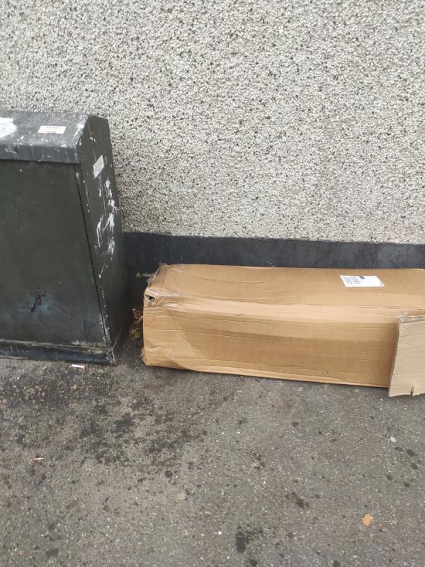 Box in the usual place on basil avenue. Address of fly tipper on box-Basil Avenue, East Ham, London