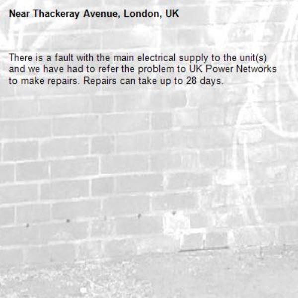 There is a fault with the main electrical supply to the unit(s) and we have had to refer the problem to UK Power Networks to make repairs. Repairs can take up to 28 days.-Thackeray Avenue, London, UK