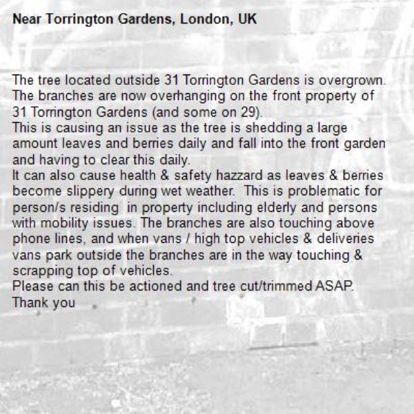 The tree located outside 31 Torrington Gardens is overgrown.  The branches are now overhanging on the front property of 31 Torrington Gardens (and some on 29).
This is causing an issue as the tree is shedding a large amount leaves and berries daily and fall into the front garden and having to clear this daily.
It can also cause health &amp; safety hazzard as leaves &amp; berries become slippery during wet weather.  This is problematic for person/s residing  in property including elderly and persons with mobility issues. The branches are also touching above phone lines, and when vans / high top vehicles &amp; deliveries vans park outside the branches are in the way touching &amp; scrapping top of vehicles.
Please can this be actioned and tree cut/trimmed ASAP.
Thank you-Torrington Gardens, London, UK