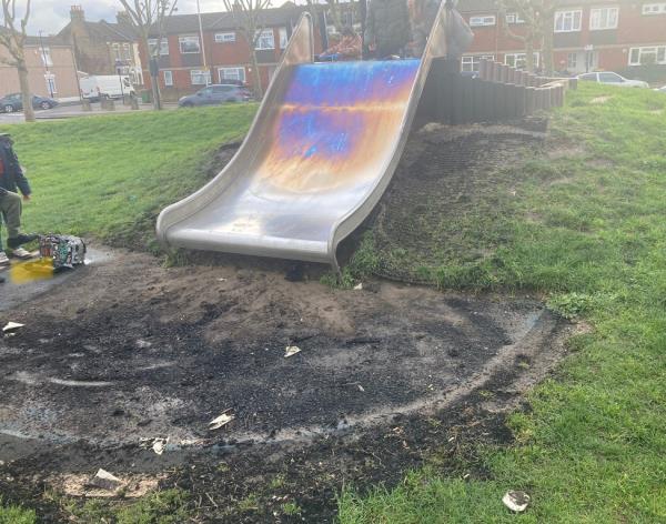 Play equipment burnt down over 8 weeks ago. Where will the children play this summer?!?  

It is so depressing that you are unable to maintain the equipment that we have in the park. 

Please fix as a matter of urgency. Our children's childhoods will be over before you know it. So depressing for them. 
-New City Road, Plaistow, London