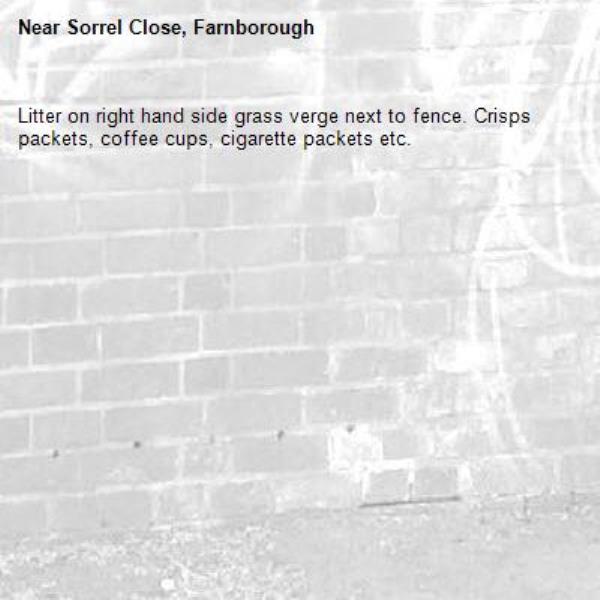 Litter on right hand side grass verge next to fence. Crisps packets, coffee cups, cigarette packets etc. -Sorrel Close, Farnborough