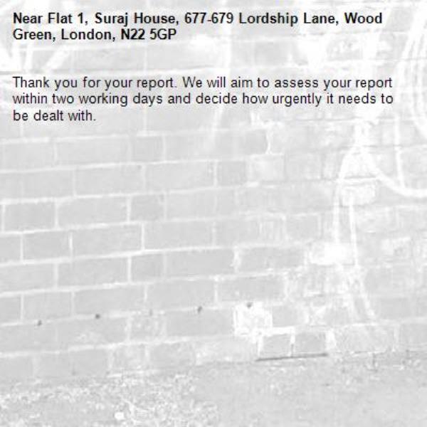 Thank you for your report. We will aim to assess your report within two working days and decide how urgently it needs to be dealt with.-Flat 1, Suraj House, 677-679 Lordship Lane, Wood Green, London, N22 5GP