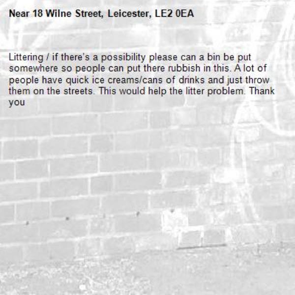 Littering / if there’s a possibility please can a bin be put somewhere so people can put there rubbish in this. A lot of people have quick ice creams/cans of drinks and just throw them on the streets. This would help the litter problem. Thank you -18 Wilne Street, Leicester, LE2 0EA