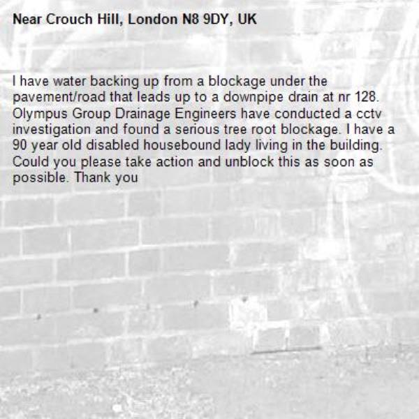 I have water backing up from a blockage under the pavement/road that leads up to a downpipe drain at nr 128. Olympus Group Drainage Engineers have conducted a cctv investigation and found a serious tree root blockage. I have a 90 year old disabled housebound lady living in the building. Could you please take action and unblock this as soon as possible. Thank you -Crouch Hill, London N8 9DY, UK