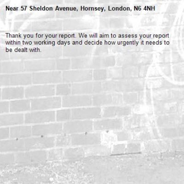 Thank you for your report. We will aim to assess your report within two working days and decide how urgently it needs to be dealt with.-57 Sheldon Avenue, Hornsey, London, N6 4NH
