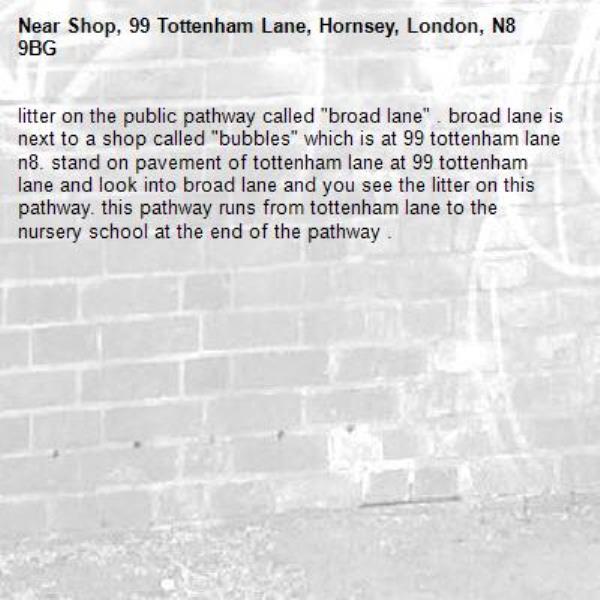 litter on the public pathway called "broad lane" . broad lane is next to a shop called "bubbles" which is at 99 tottenham lane n8. stand on pavement of tottenham lane at 99 tottenham lane and look into broad lane and you see the litter on this pathway. this pathway runs from tottenham lane to the nursery school at the end of the pathway . -Shop, 99 Tottenham Lane, Hornsey, London, N8 9BG