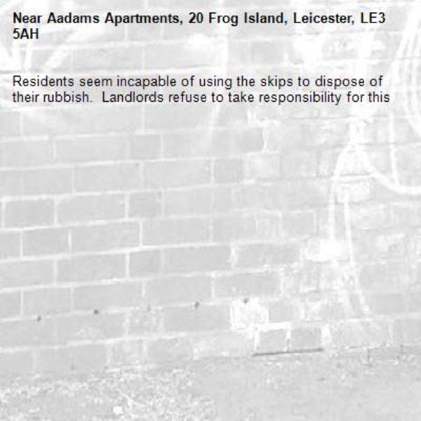 Residents seem incapable of using the skips to dispose of their rubbish.  Landlords refuse to take responsibility for this-Aadams Apartments, 20 Frog Island, Leicester, LE3 5AH