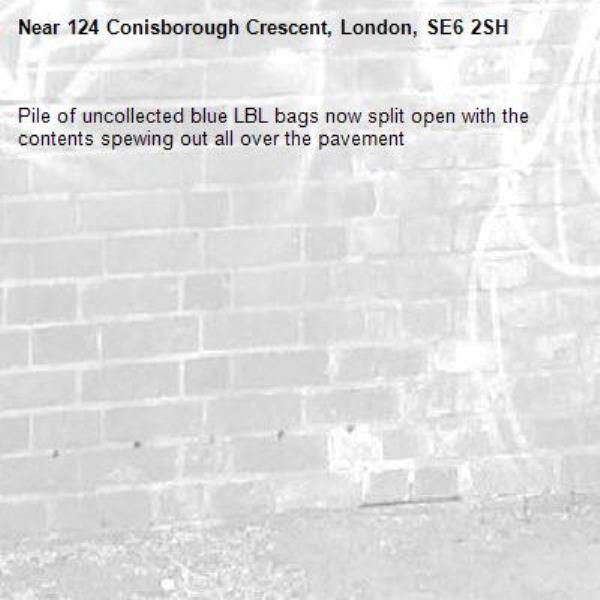 Pile of uncollected blue LBL bags now split open with the contents spewing out all over the pavement -124 Conisborough Crescent, London, SE6 2SH