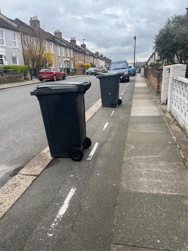 Bins outside 159 being used to reserve parking space daily-161 Sandhurst Road, Catford, London, SE6 1UR
