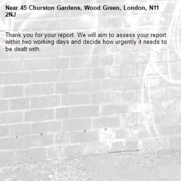 Thank you for your report. We will aim to assess your report within two working days and decide how urgently it needs to be dealt with.-45 Churston Gardens, Wood Green, London, N11 2NJ