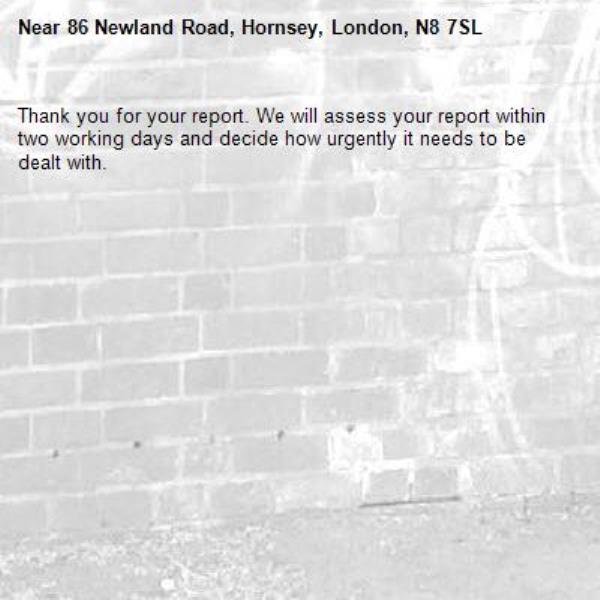 Thank you for your report. We will assess your report within two working days and decide how urgently it needs to be dealt with.-86 Newland Road, Hornsey, London, N8 7SL