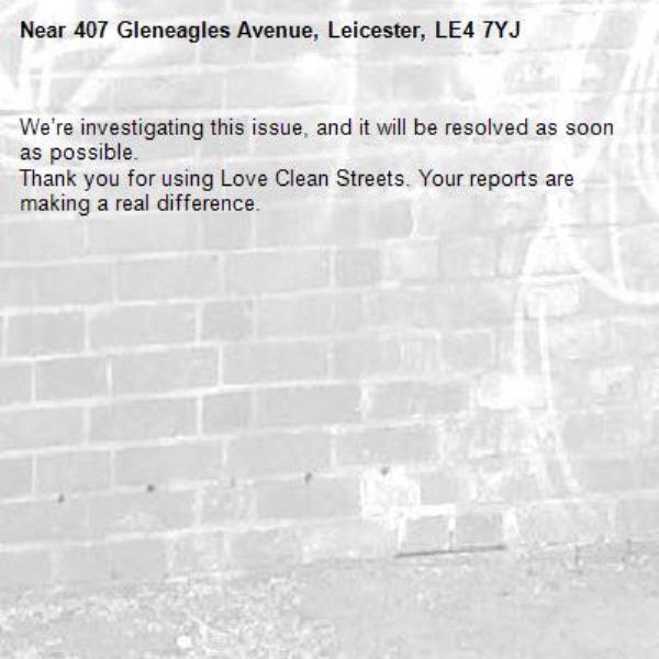 We’re investigating this issue, and it will be resolved as soon as possible.
Thank you for using Love Clean Streets. Your reports are making a real difference.
-407 Gleneagles Avenue, Leicester, LE4 7YJ