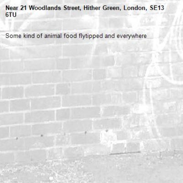 Some kind of animal food flytipped and everywhere-21 Woodlands Street, Hither Green, London, SE13 6TU