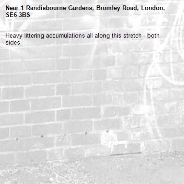 Heavy littering accumulations all along this stretch - both sides-1 Randisbourne Gardens, Bromley Road, London, SE6 3BS
