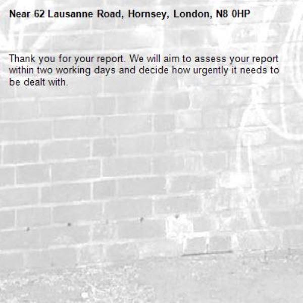 Thank you for your report. We will aim to assess your report within two working days and decide how urgently it needs to be dealt with.-62 Lausanne Road, Hornsey, London, N8 0HP