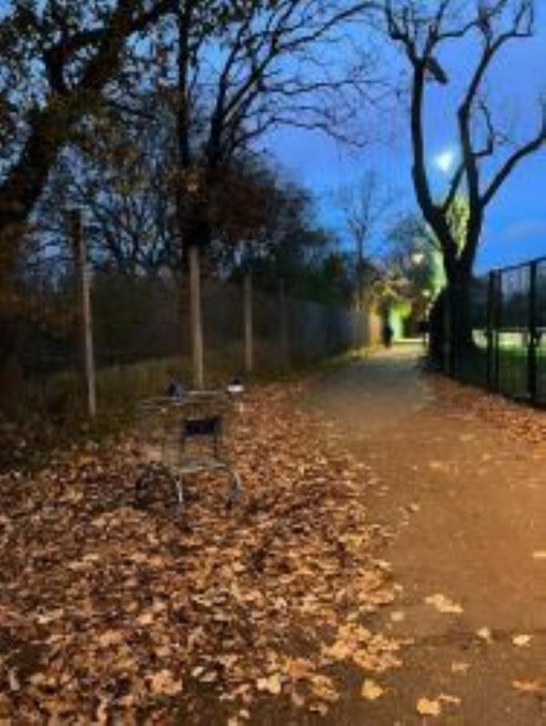 Shopping trolley left unattended at the end of the packing spaces for lady arena and entrance of ladyfields park shopping the train track,. Reported via Fix My Street-114 Albacore Crescent, Lewisham, SE13 7HP