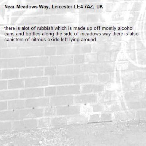 there is alot of rubbish which is made up off mostly alcohol cans and bottles along the side of meadows way there is also canisters of nitrous oxide left lying around -Meadows Way, Leicester LE4 7AZ, UK