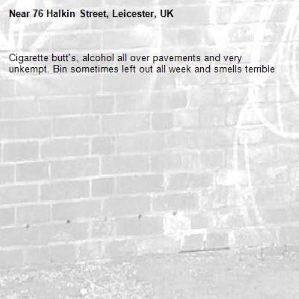 Cigarette butt's, alcohol all over pavements and very unkempt. Bin sometimes left out all week and smells terrible -76 Halkin Street, Leicester, UK