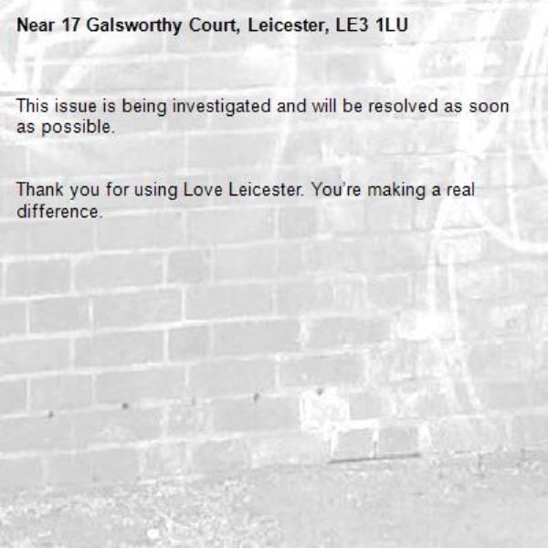 This issue is being investigated and will be resolved as soon as possible.


Thank you for using Love Leicester. You’re making a real difference.

-17 Galsworthy Court, Leicester, LE3 1LU