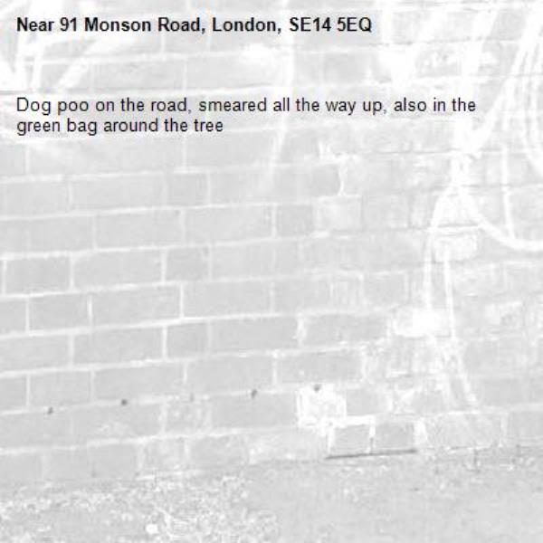 Dog poo on the road, smeared all the way up, also in the green bag around the tree -91 Monson Road, London, SE14 5EQ