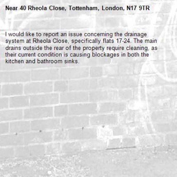 I would like to report an issue concerning the drainage system at Rheola Close, specifically flats 17-24. The main drains outside the rear of the property require cleaning, as their current condition is causing blockages in both the kitchen and bathroom sinks.-40 Rheola Close, Tottenham, London, N17 9TR